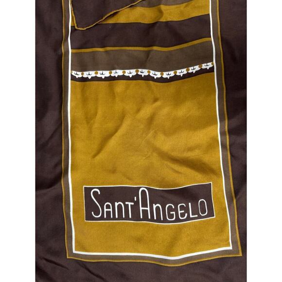 VTG Giorgio Di Sant' ANGELO Brown Gold Silk Scarf Fringe Print Oblong 70s Unisex - Picture 2 of 6